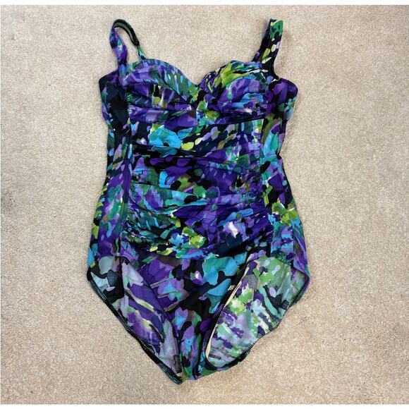 Trimshaper Other - Trimshaper Vintage Watercolor Floral Print One Piece Swimsuit Size 14